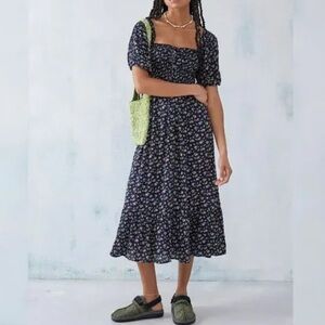 Urban Outfitters Iris Black Floral Puff Sleeve Midi Dress